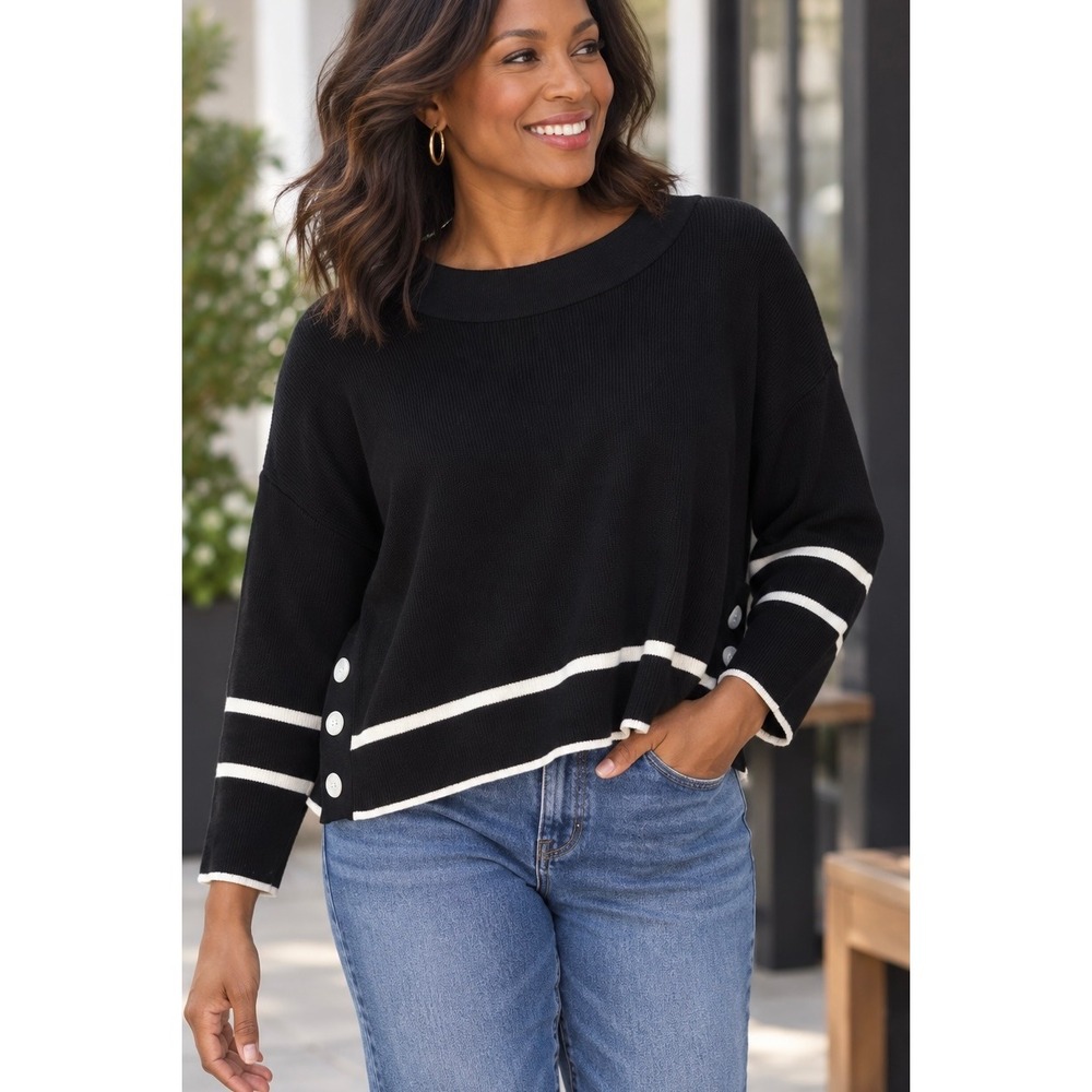 Adrianna Papell Black Striped Button Side Ribbed Knit Sweater Large Nautical